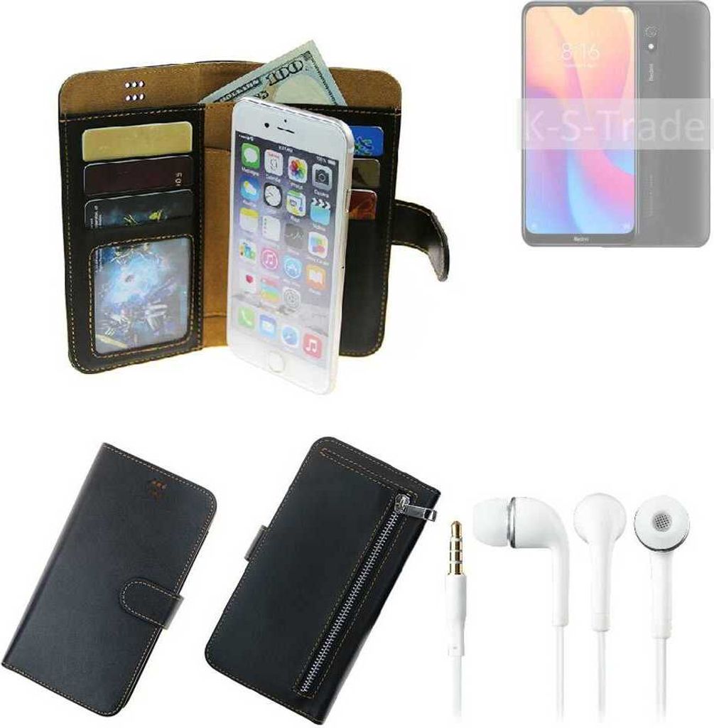 TOP SET Handy Hülle Schutz Hülle kompatibel mit Xiaomi redmi 8A schwarz aus Kunstleder + Kopfhörer Smartphone Tasche vollwertige Geldbörse