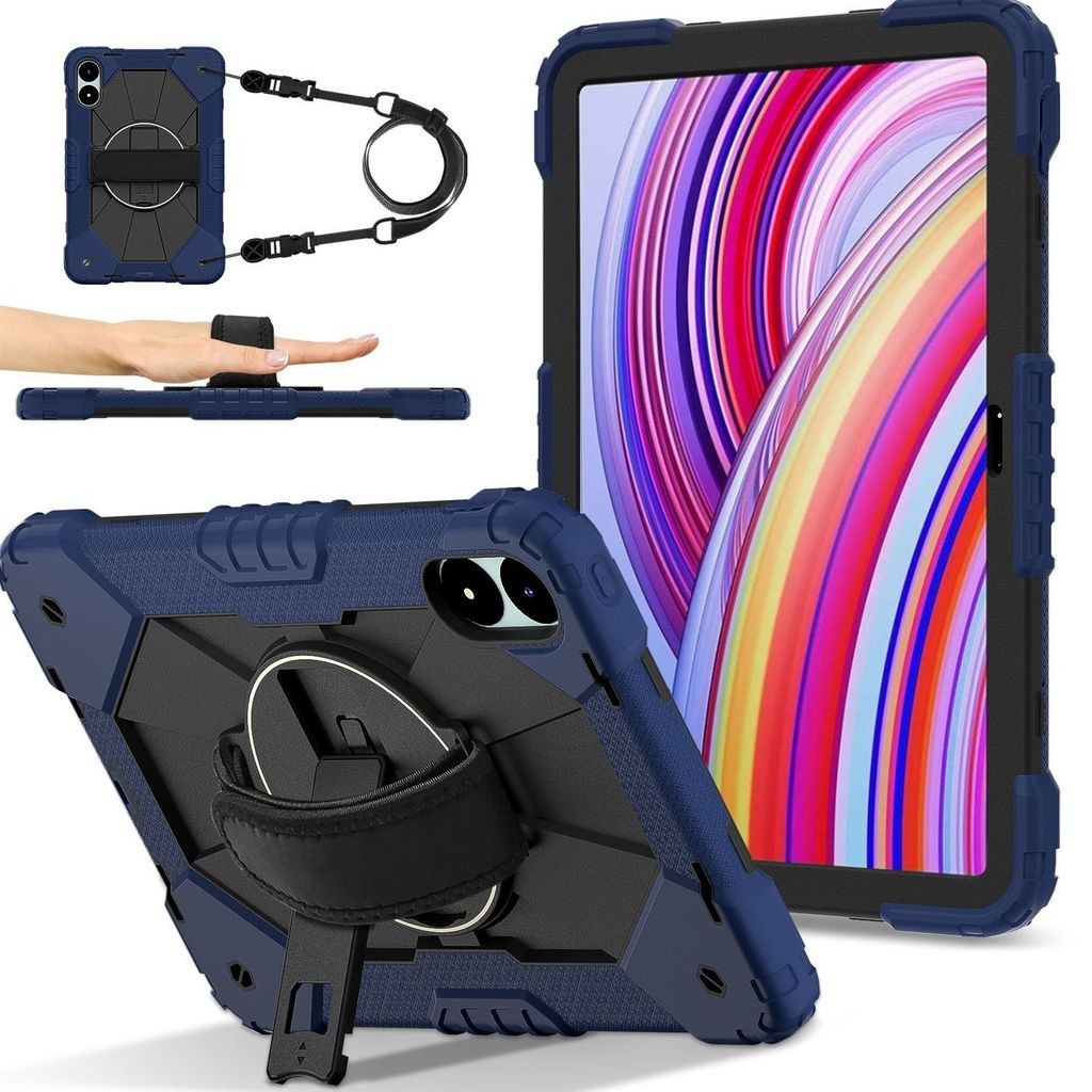 A collage of images showing a dark blue tablet case with various features and angles, including a hand holding it with a strap, and a close-up of the case with a tablet screen visible.
