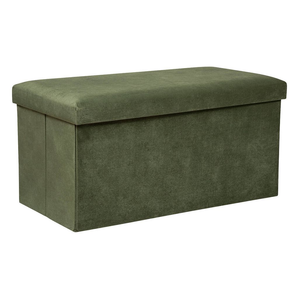 A green storage ottoman is shown against a white background.