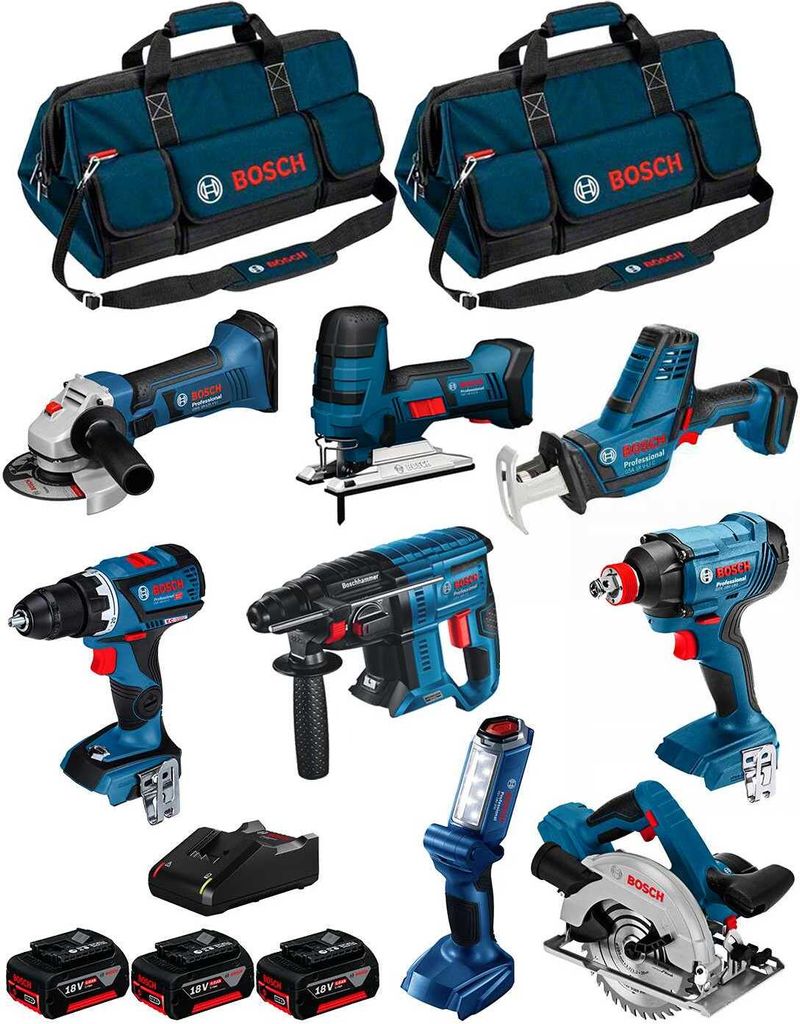 BOSCH Kit 18V BK802BAG (GDX 18V-180+GSR 18V-60C+GBH 18V-21+GKS 18V-57+GST 18V-LIS+GWS 18-125V-LI+GLI 18V-300+GSA18V-LIC+3x5,0Ah)