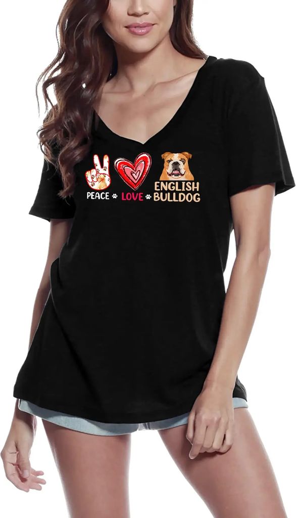 Damen Grafik T-Shirt V-Ausschnitt Frieden Liebe englische Bulldogge Hund – Peace Love English Bulldog Dog – Öko-Verantwortlich Vintage Jahrgang