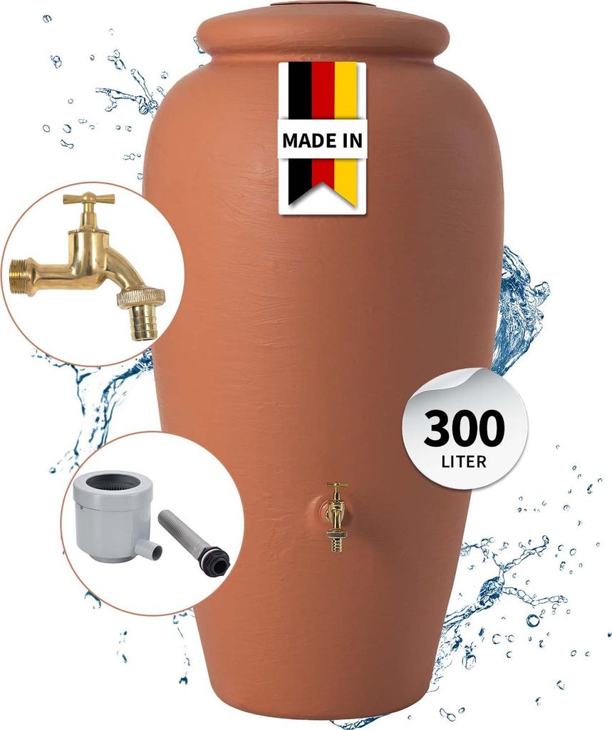 GARANTIA Amphore Komplett-Set 300 Liter terrakotta inkl. Messing-Auslaufhahn und Fallrohranschluss