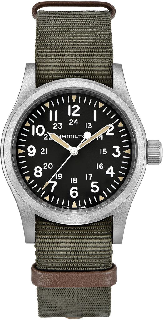 A close-up studio shot of a Hamilton Khaki Field Mechanical watch with a green NATO strap.