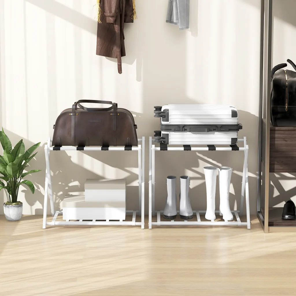 COSTWAY Support à Bagages Pliable Blanc avec Rangement à 2 Niveaux - 2
