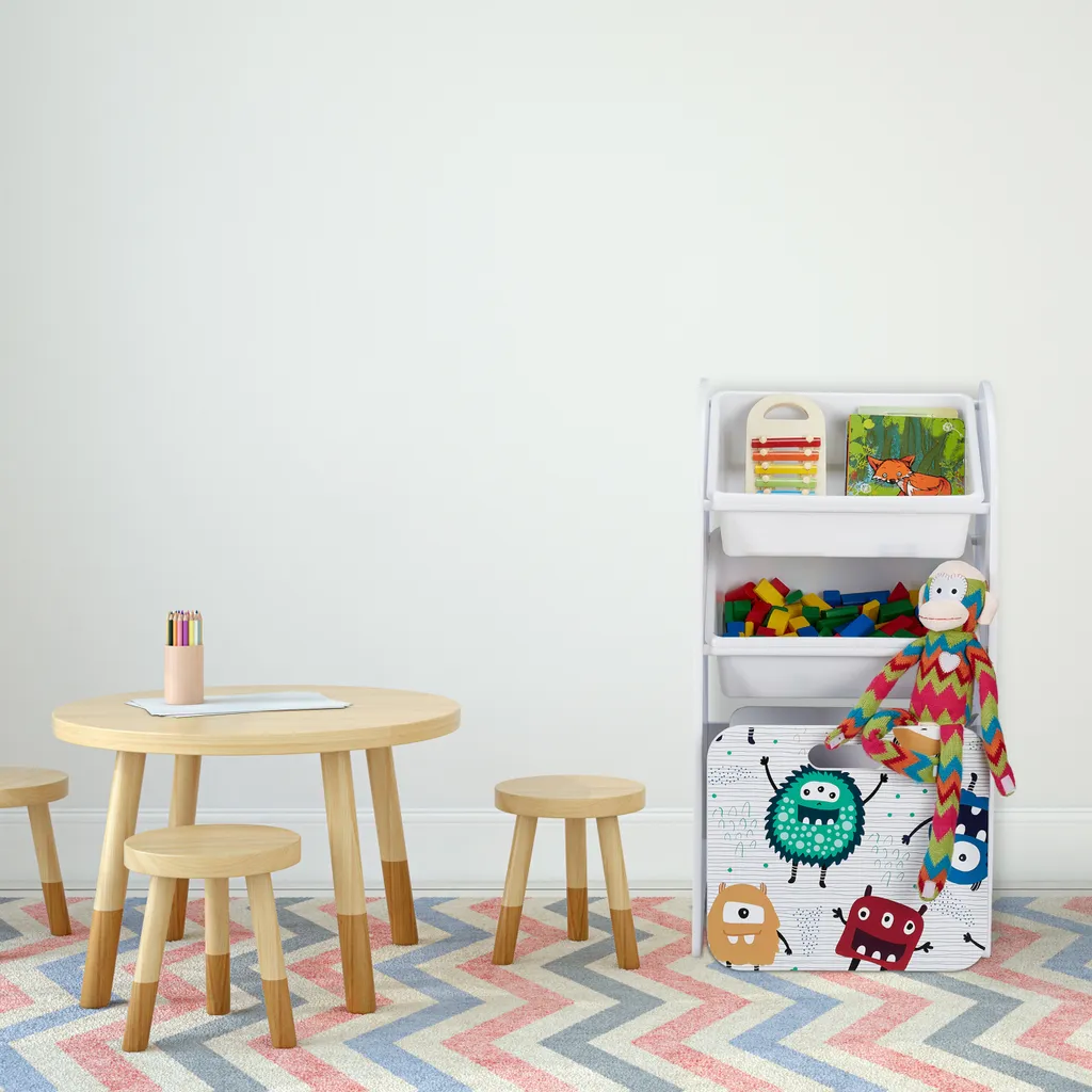 Étagère étroite enfants monstres en bois avec compartiments ouverts