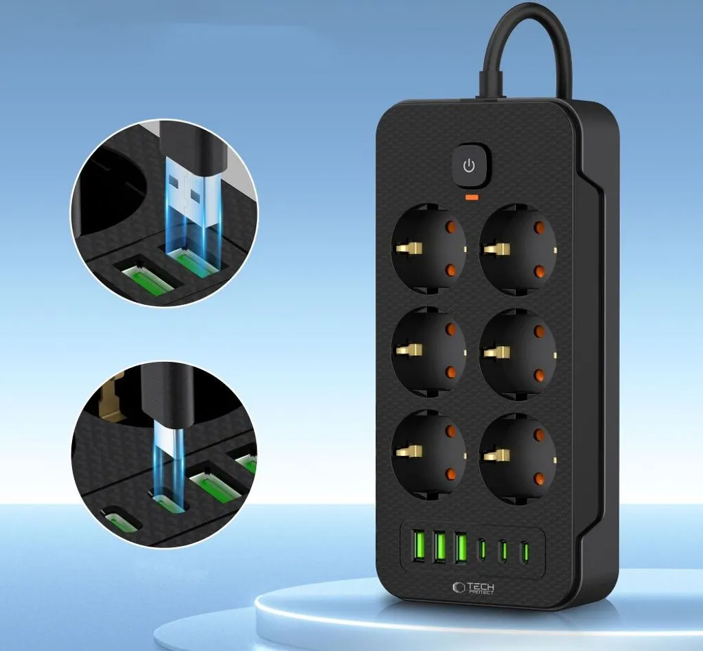 Multipresa Design Tech-Protect PC6X6: 6 Prese, USB-C, Cavo 2m Nero - 3