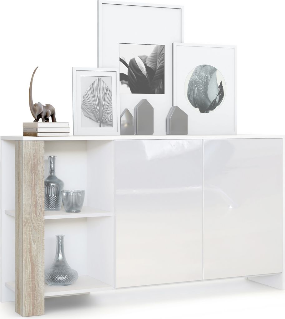 Vladon Sideboard Canto, Germany, lange Anrichte mit 2 Türen und 6 Fächern, Korpus Weiß matt, Fronten Weiß Hochglanz, Nachbildung-Paneele Eiche ...