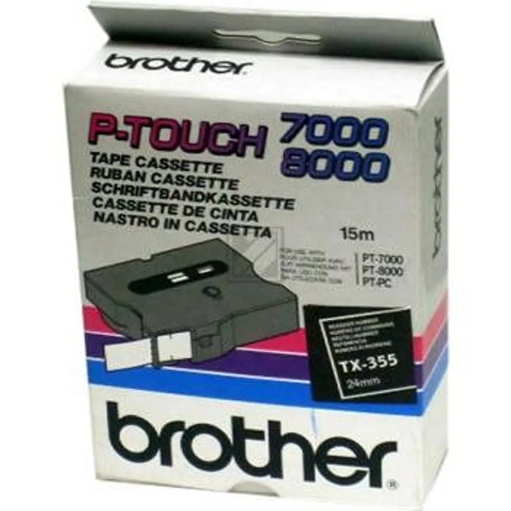 Brother TX-355 Ruban étiqueteuse blanc sur noir 24mm pour P-Touch