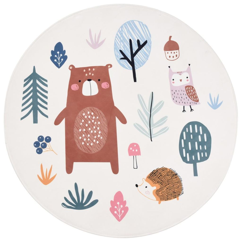 Primaflor Kinderteppich ZAUBERWALD - Bär - Rund - 100cm - Spielteppich für Mädchen & Jungs - Krabbelmatte für Babys