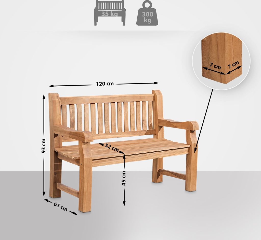 Teakbank HLO-CP6 120 cm mit Abdeckhaube teak