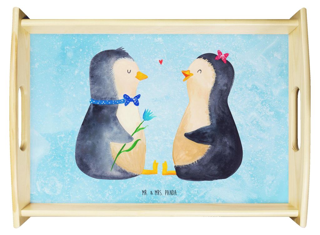 Mr. & Mrs. Panda Tablett Pinguin Pärchen - Eisblau - Geschenk, Liebe, Liebesbeweis, Bett-Tablett, frühstückstablett holz, Hochzeit, Holztablett,...