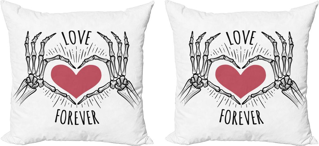 ABAKUHAUS Skelett Kissenbezug Set (2Stück), Doodle von Scary Hände, die Herzform Liebe für immer Typografie, 60 x 60 cm, Charcoal Grey Pink