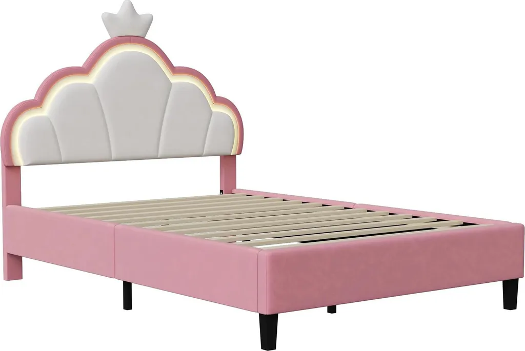 Lit enfant princesse 90x200 rose en velours avec sommier et rangement