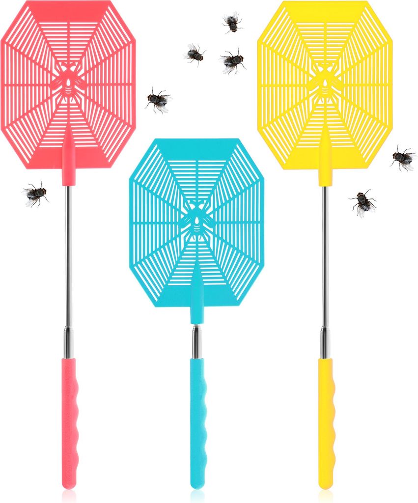 COM-FOUR 3x Fliegenklatsche mit Teleskop, Ausziehbar 27-58 cm, Teleskopklatsche um Fliegen, Wespen, Mücken und andere Insekten abzuwehren - Stab...