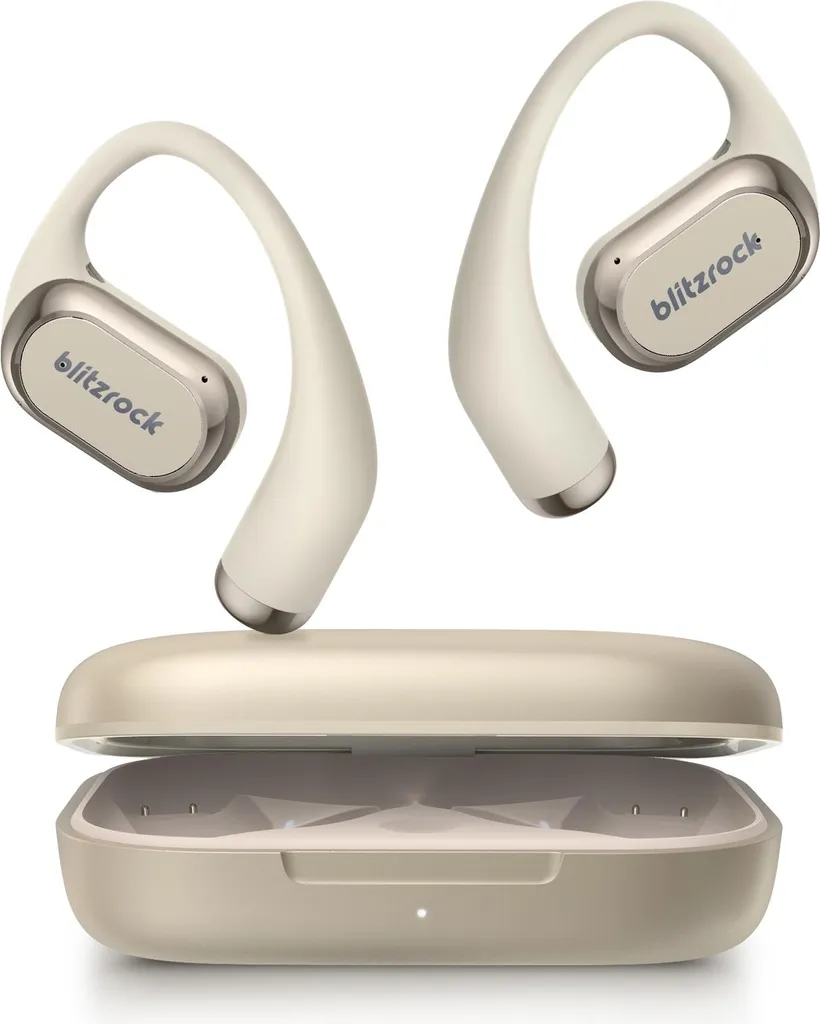 BlitzRock Open-Ear Bluetooth Kopfhörer 5.4, Open-Ear Design, KI-Klare Anrufe, 42h Akkulaufzeit, IPX5 wasserdicht, App-EQ, Sport On-Ear, Beige