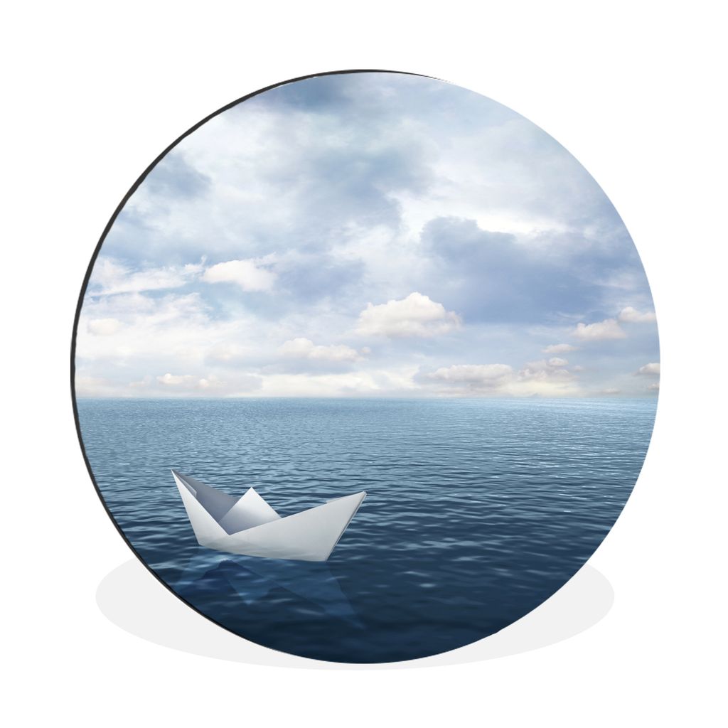 MuchoWow Aluminium Wandkreis Papierboot schwimmt auf dem Meer Ø 90 cm Wanddeko Modern Wohnzimmer - Mauerkreis - Wandbilder - Runde Bild - Bild a...