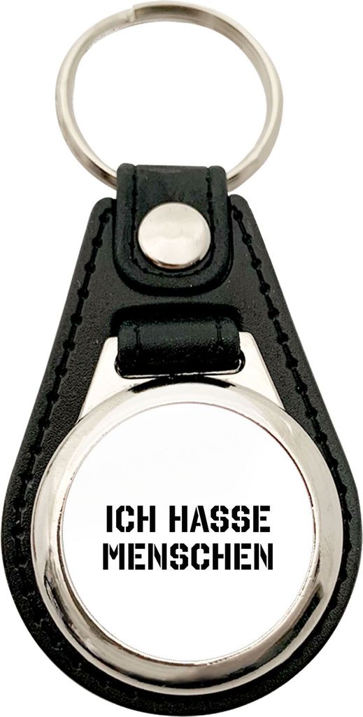 Huuraa Schlüsselanhänger ICH HASSE MENSCHEN Metall mit Kunstleder Schlüsselring Einkaufswagenchip Geschenkidee