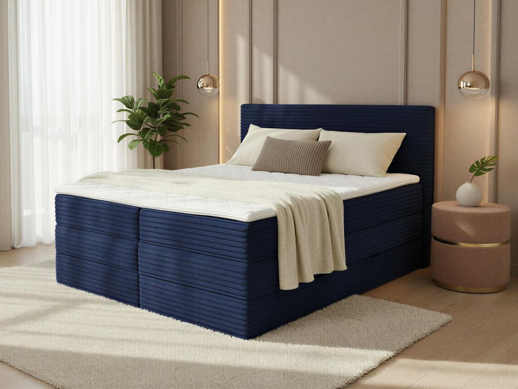Boxspringbett Mollo XL mit 2 Bettkästen und Topper, mit Taschenfederkern- und Bonellfederkernmatratze, Doppelbett, Polsterbett aus Cordstoff mit S...