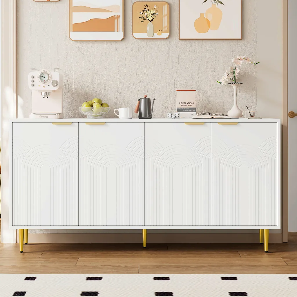 Buffet de Salon Blanc 160 cm Style Moderne Commode Rangement 4 Portes