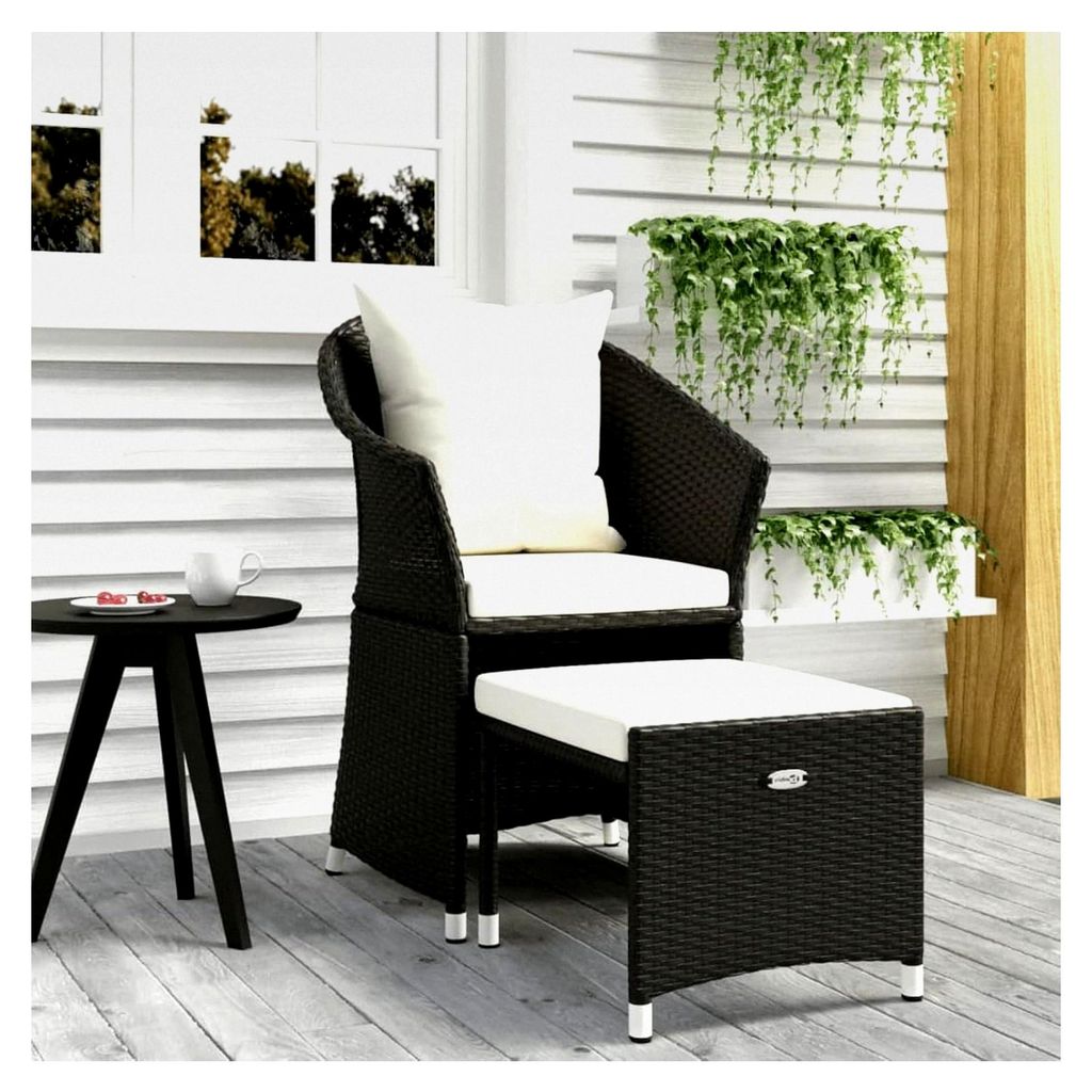 2-teiliges Gartenliegestuhl-Set mit Auflagen, Hocker und Relaxstuhl in Schwarz aus Poly-Rattan
