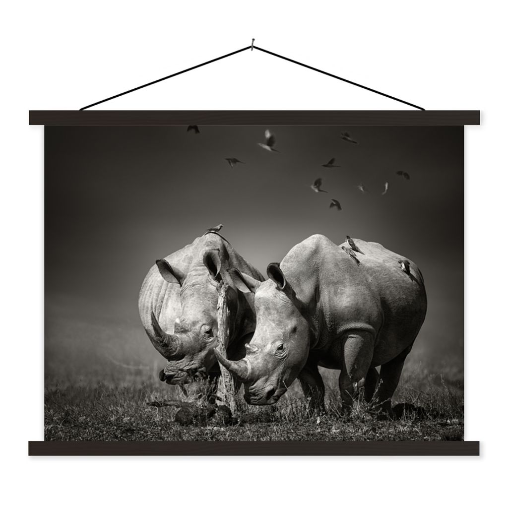 MuchoWow Textilposter Nashorn - Vogel - Tiere - Landschaft - Schwarz-Weiß 150x113 cm mit schwarzem Rahmen - Wohnzimmer