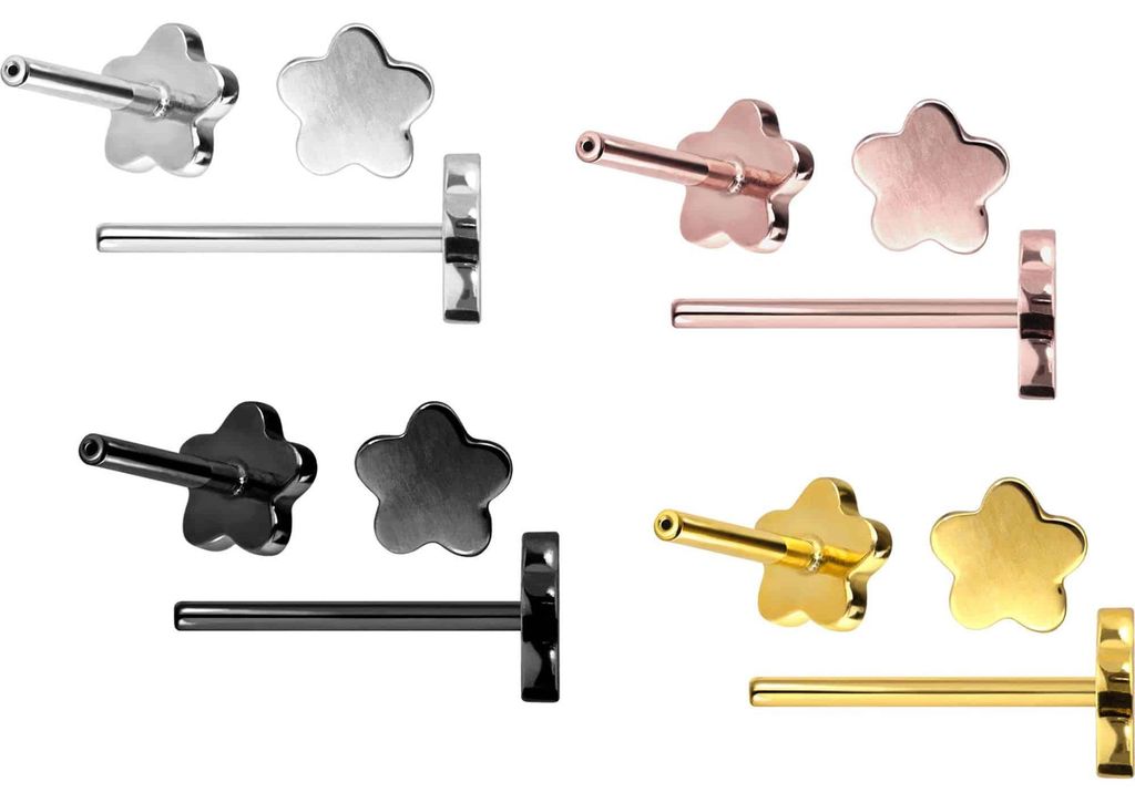 Ohrpiercing, Nasenpiercing Titan Labret mit Push Fit ohne Kugel BLUME Gold Stablänge: 6mm | Stabstärke: 1mm
