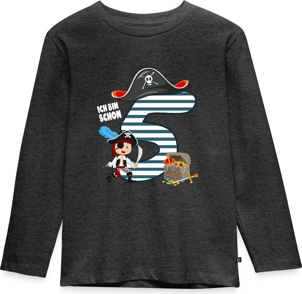 Spreadshirt 5. Geburtstag Schon Ich Schon Bin Fünf Pirat Schatz Kinder Premium Langarmshirt, 98/104 (2 Jahre), Anthrazit meliert