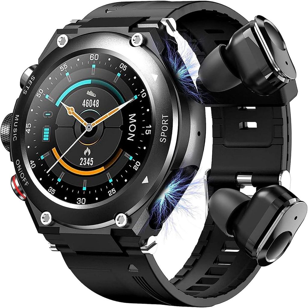 Smartwatch mit Bluetooth Kopfhörer 1.28 Zoll HD Display Fitness Uhr IP67 Wasserdicht Herzfrequenz Schlaf Blutdruck Thermometer Musikplayer