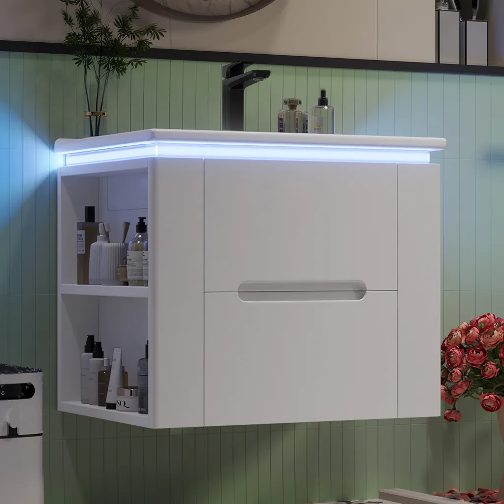 Aménager petite salle de bains avec meuble vasque LED suspendu 61 cm
