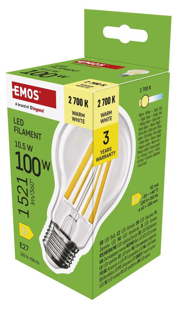 EMOS LED Lampe Edison A60, 10,5W Ersatz für 100W, Vintage-Glühlampe, E27 Sockel und Helligkeit 1521lm, Warmweiß 2700K, 25000h Lebensdauer, ZF5D62