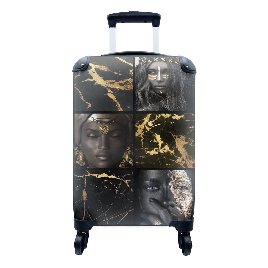 MuchoWow Koffer Handgepäck Trolley Rollkoffer Kleine Reisekoffer mit 4 Rollen - Gold - Schwarz - Frauen - Marmor - Cabin Size < 55x40x23 cm & 55...