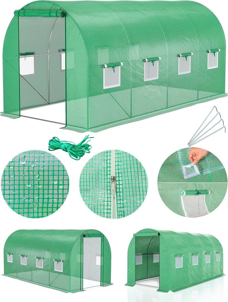 MalTec Folientunnel 10 m2 für Garten Gewächshaus Tomaten und Gemuse Foliengewächshaus 4 m lange Tomatenhaus Tür, Fernster und stabiler Rahmen