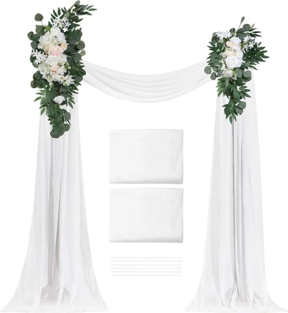 Kit arche de mariage décorative avec voilage et fleurs blanches - 9