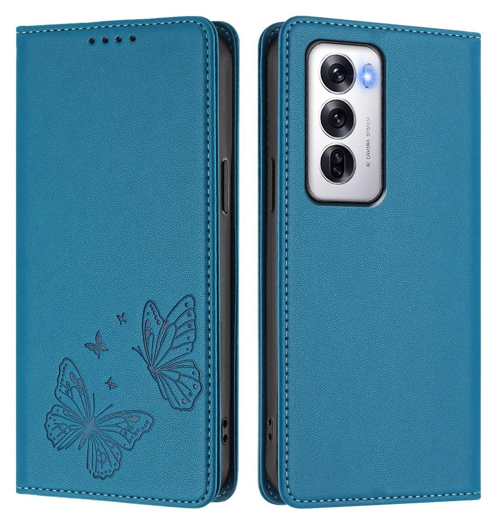 Lederhülle für Oppo Reno12 5G, Schmetterling Prägung Leder Brieftasche Schutzhülle mit Ständer Blau
