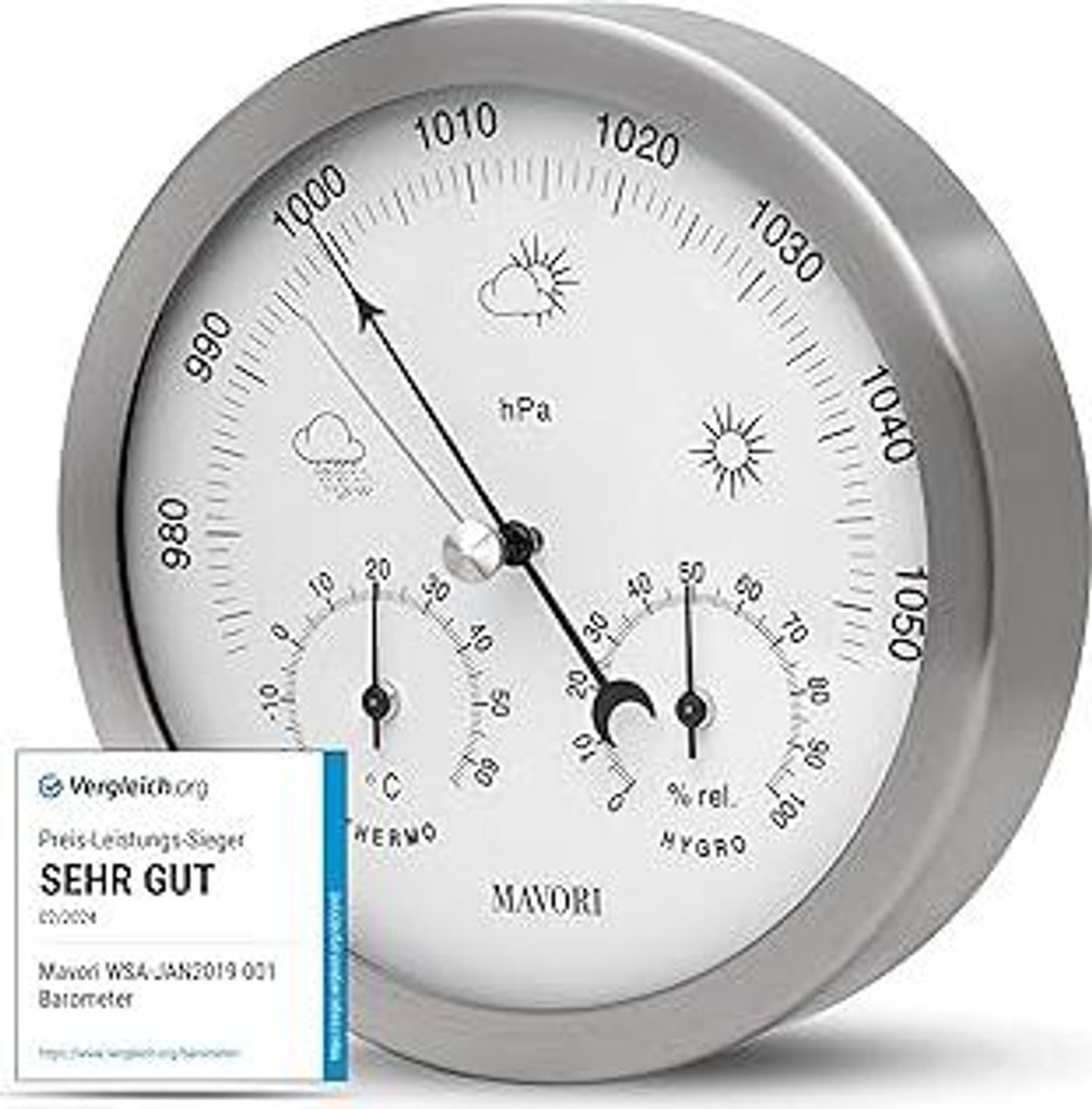 Wetterstation analog - 3in1 Barometer, Hygrometer & Thermometer für innen und außen - Ø 13,5cm Edelstahl Rahmen mit Acrylglas im modernen Design...