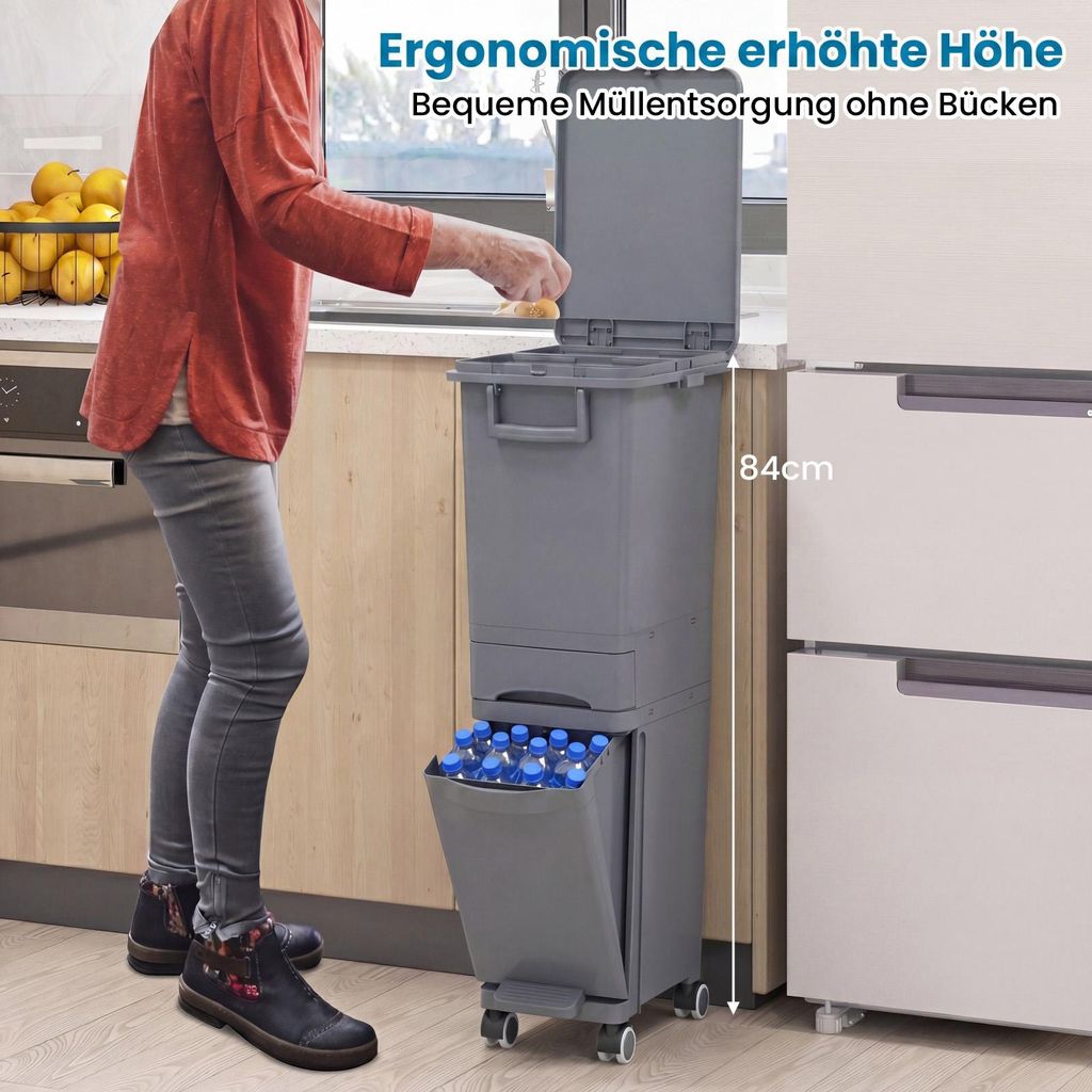 COSTWAY Mülleimer 3 Fächer, 32L Abfalleimer mit neigbarem