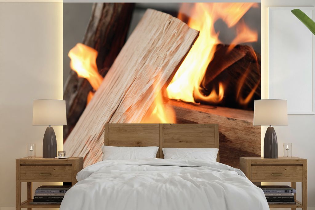MuchoWow Fototapete für Wohnzimmer oder Schlafzimmer Wandtapete Vinyl Motivtapete Holzverbrennung am offenen Feuer - 240x240 cm - Schlafzimmer-T...