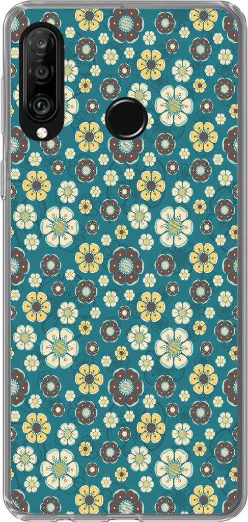 MuchoWow Handyhülle Schutzhülle Hülle für Telefoonhoesje Huawei P30 Lite Retro - Blumen - Muster - Blau Silikon Softcase Handy Hülle - Handy...