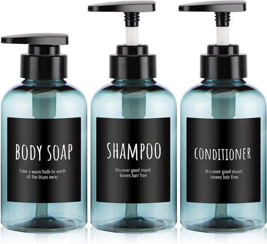 Distributeur en plastique bleu 300 ml pour savon douche et salle de bain
