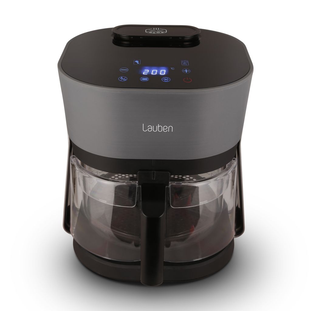 A black and gray air fryer with a glass basket is displayed on a white background.