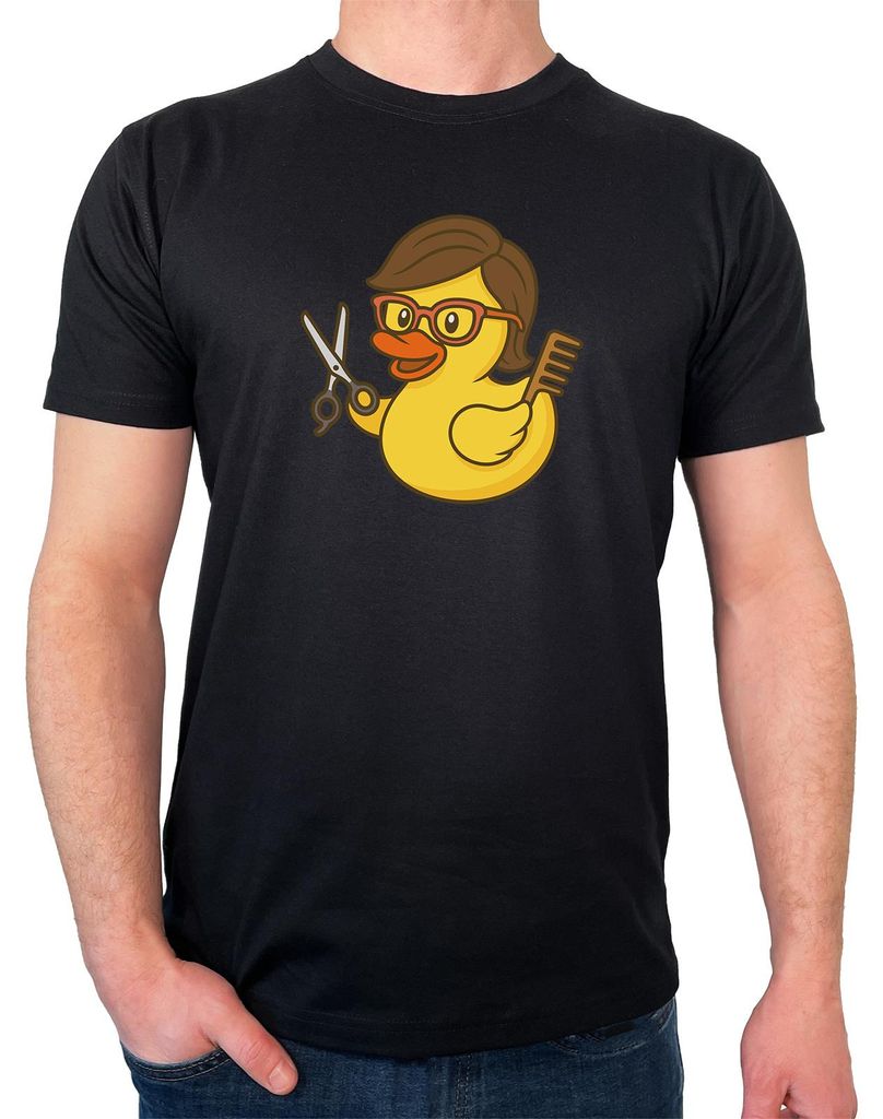 Huuraa Herren T-Shirt Quietscheente Friseurin Comic Gummiente XXL Black Bio Baumwolle Fairtrade Herrenshirt Geschenkidee