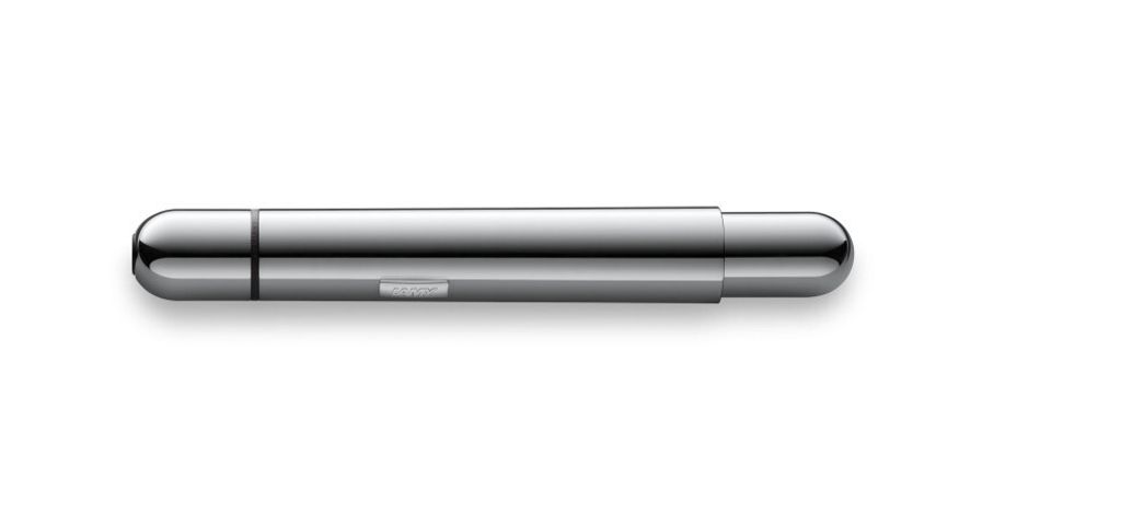 A sleek, silver pen is presented against a clean white background.