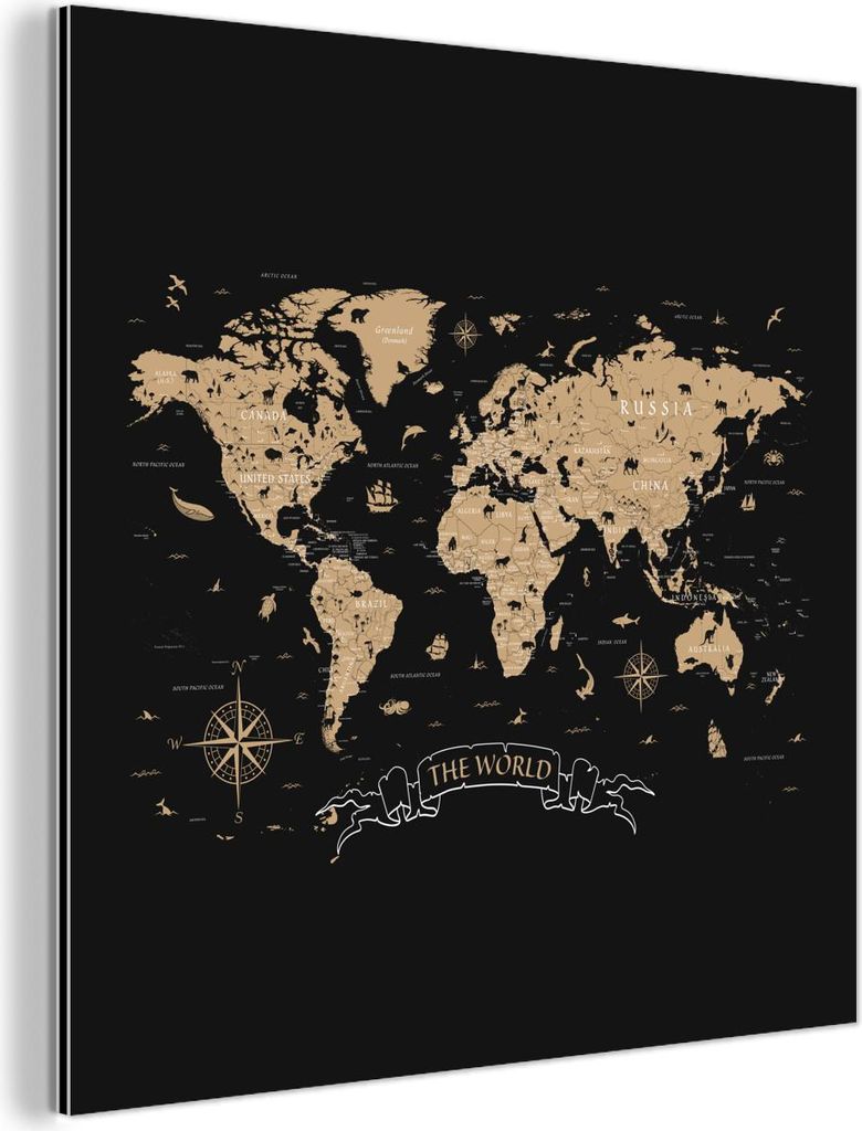 MuchoWow Wanddekoration Metall Metallbild Wandkunst 90x90 cm Weltkarte - Beige - Schwarz MuchoWow Aluminium Gemälde - Dekoration - Industrial - Me...