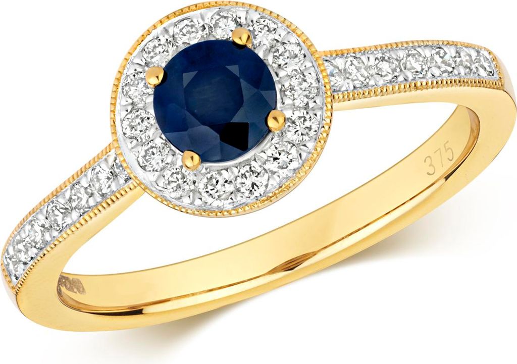Funkelndes Feuer Schöner 9 Karat (375) Gold Cluster Diamant Damenring Brillant-Schliff 0.25 Karat HI - I1 mit Saphir, 54 (17.2); TRS292479KYRSN
