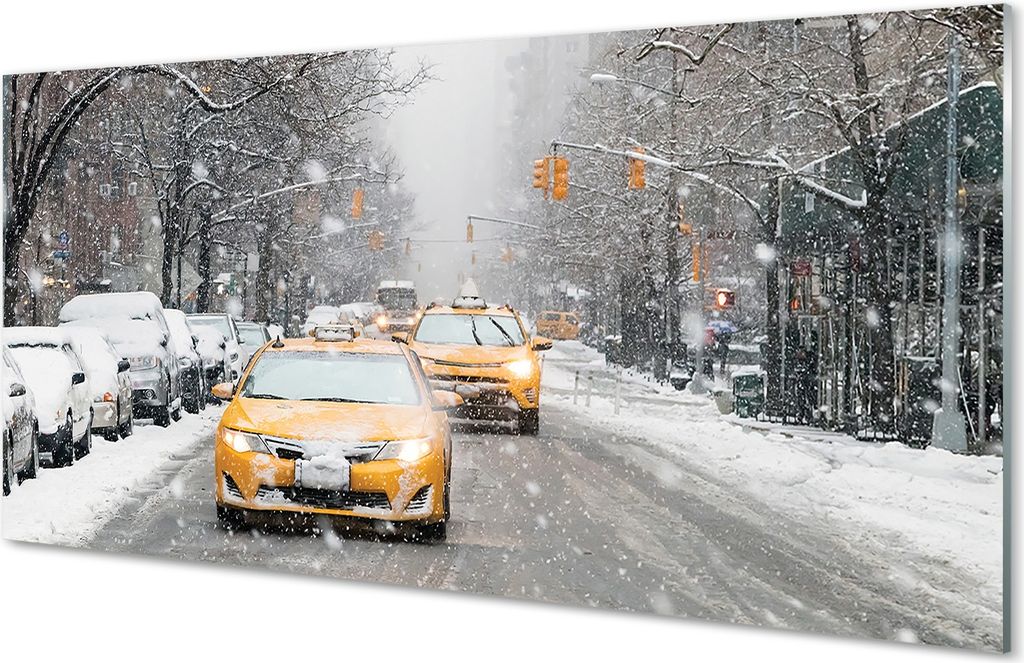 Glasbilder 140x70 Wandkunst Winter Schnee Stadt Auto
