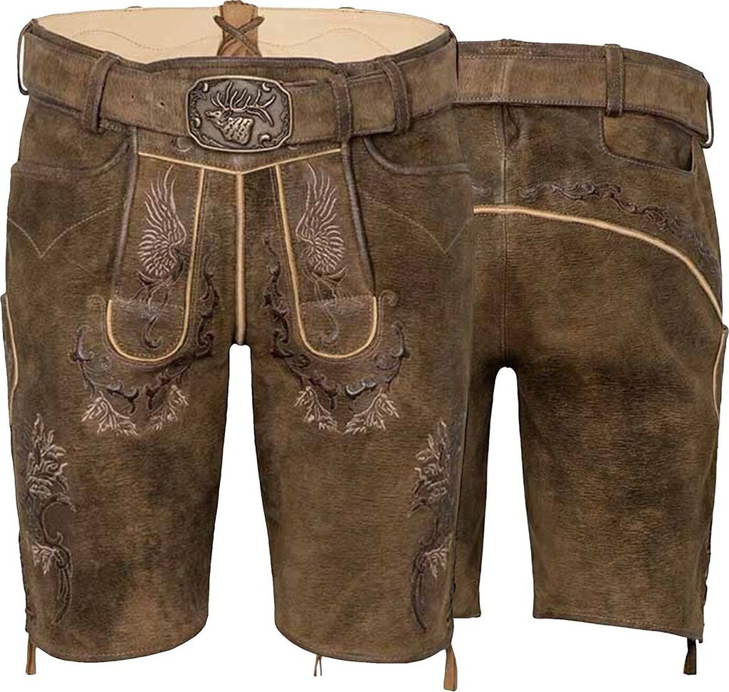 Weikhard Herren Trachtenhose Lederhose kurzhose mit Gürtel Ziegenvelour Stickerei , Größe:56/2XL