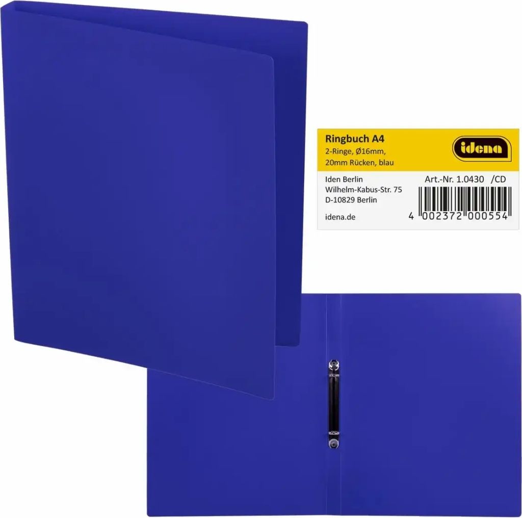 IDENA Ringbuch A4 2 Ringe PP Idena blau 20mm Produktbild 