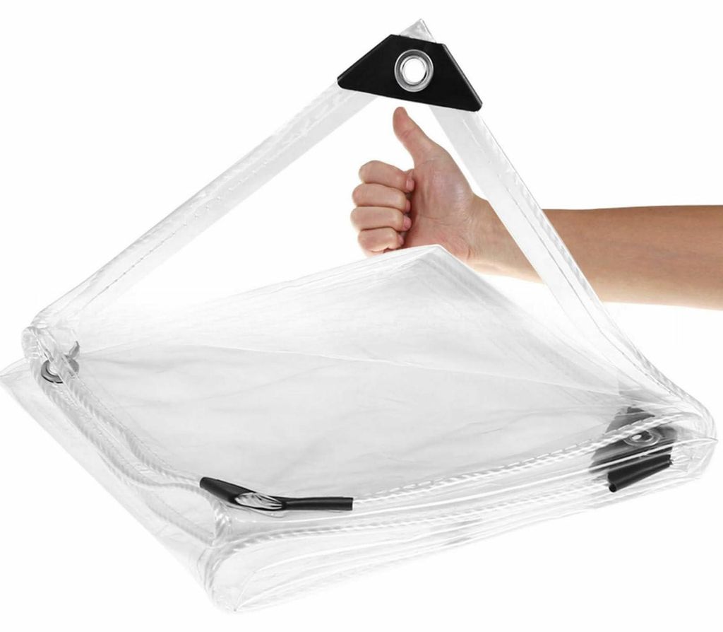 Transparente, staubabweisende Plane, 1 x 2 m, wasserdicht, 30 cm Lochabstand, reißfest, regendicht, 420 g/m² PVC, winterfest, Zeltplane mit 5 m B...