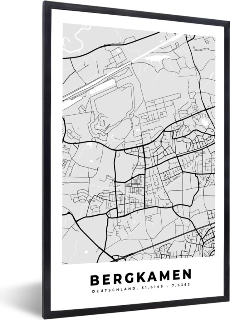 MuchoWow Gerahmtes Poster Bergkamen- Stadtplan - Deutschland - Karte 60x90 cm - Poster mit Schwarzem Bilderrahmen Wandposter Rahmen Foto Bilder -...