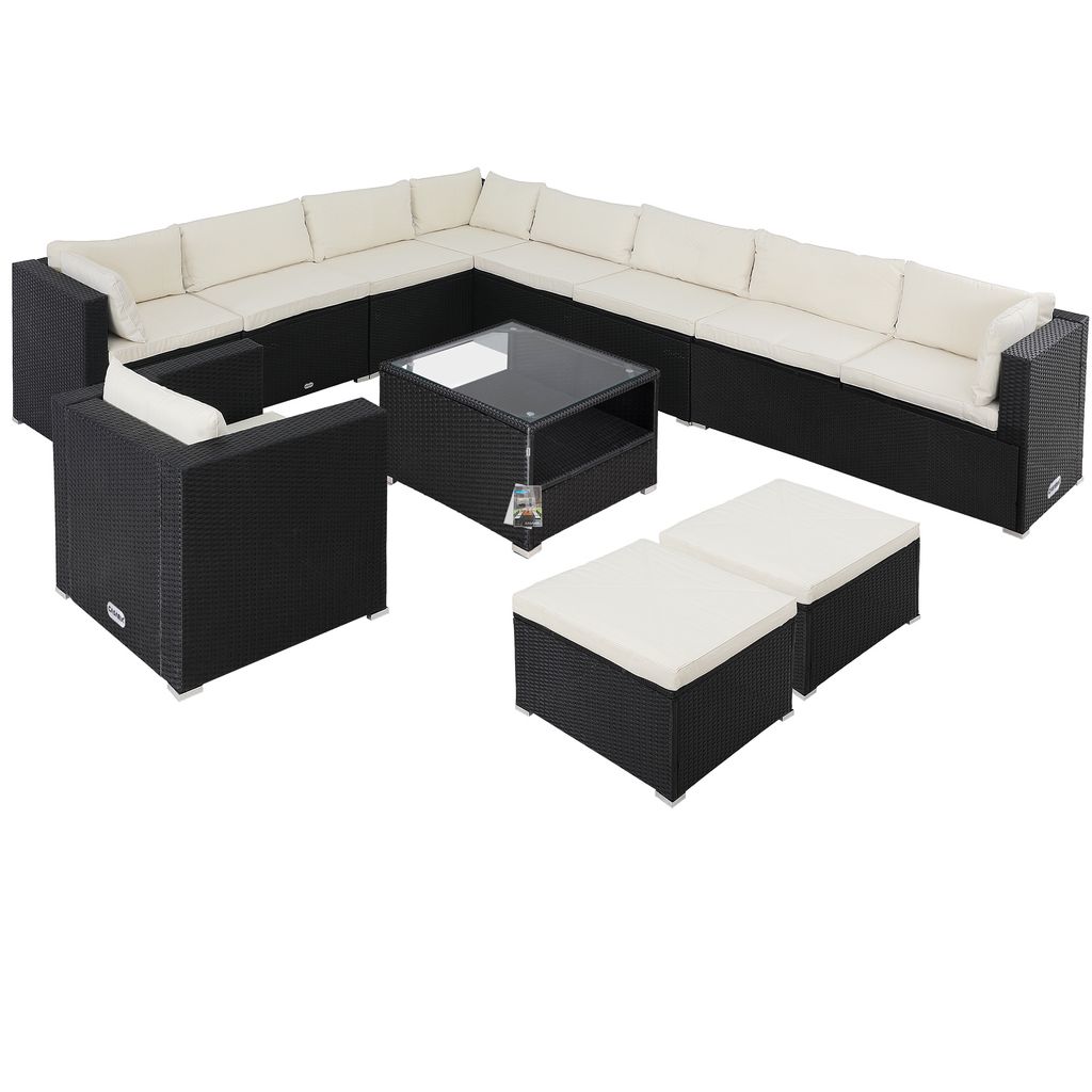 A black and cream outdoor sectional sofa set with a coffee table and ottomans, displayed on a white background.